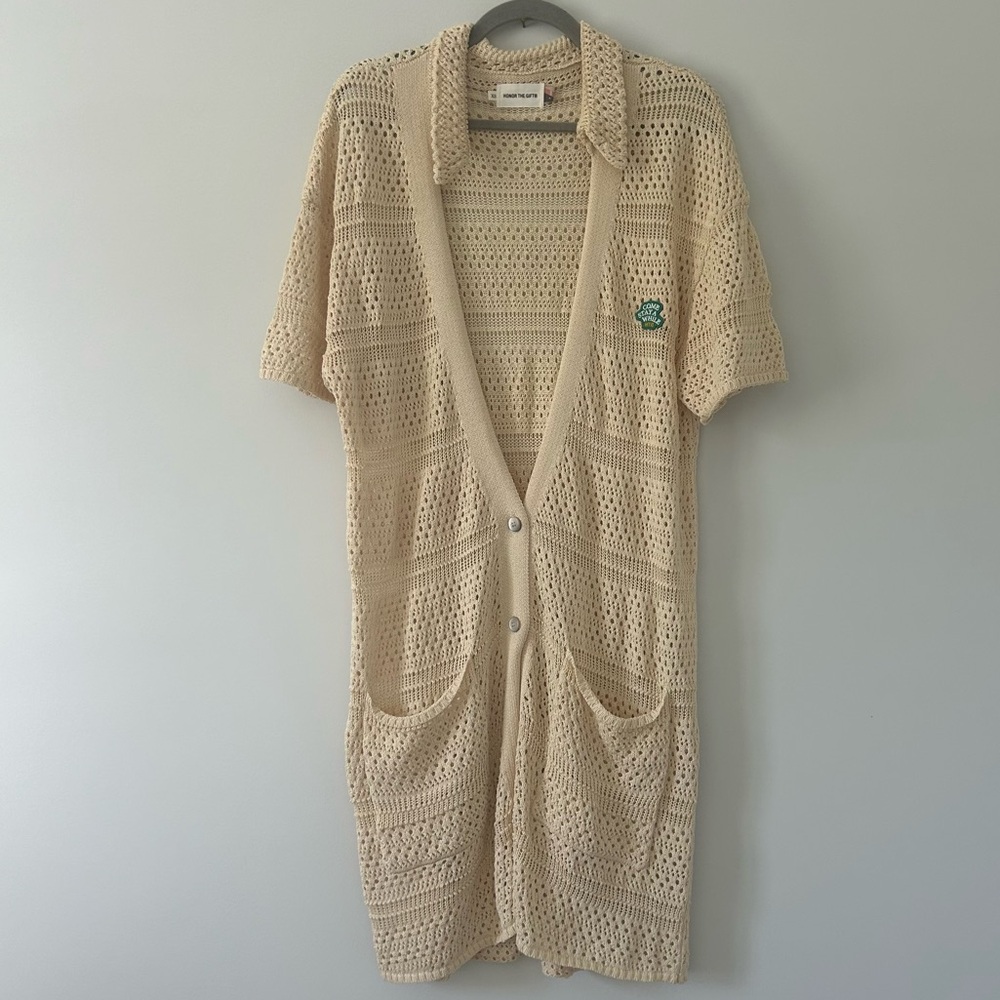 Honor the Gift Beige Crochet Knit Short Sleeve V Neck Duster Cardigan Sweater XS